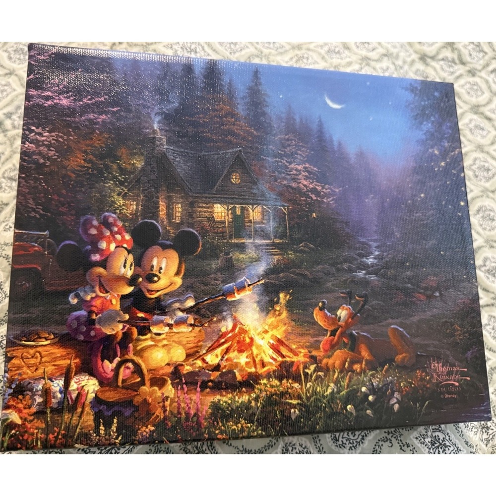 Disney Parks Mickey Minnie Bonfire Cabin Pluto Canvas Wrap Thomas Kinkade 6x8"